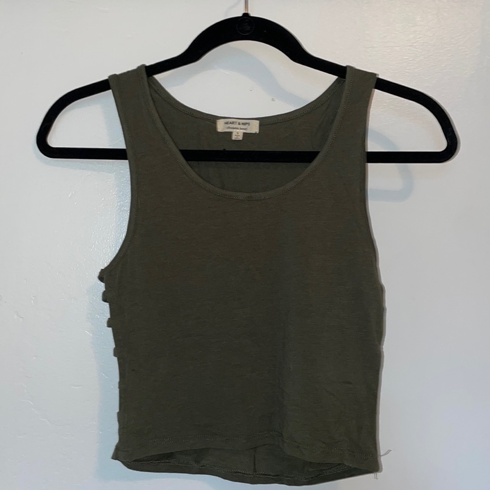 Small army green crop tank top with side slits, never worn